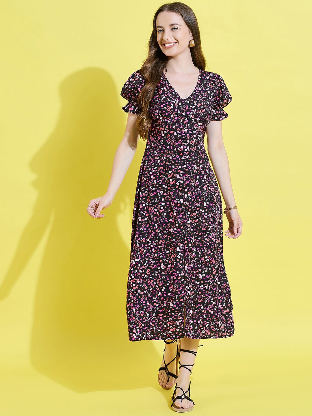 

ANVI Be Yourself Women Floral Printed Wrap Midi Dress, Black