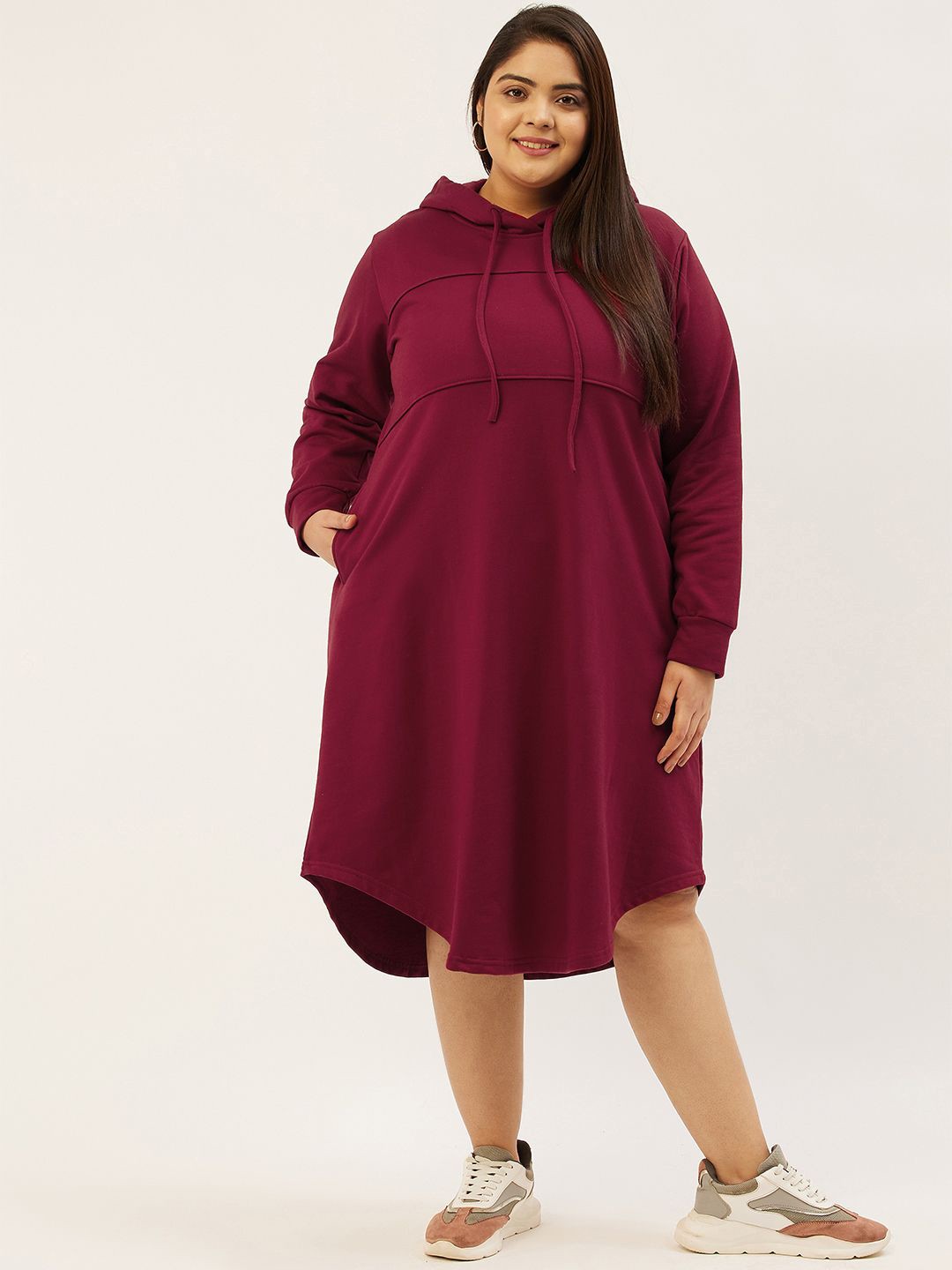

theRebelinme Women Plus Size Cotton Hooded A-Line Midi Dress, Maroon