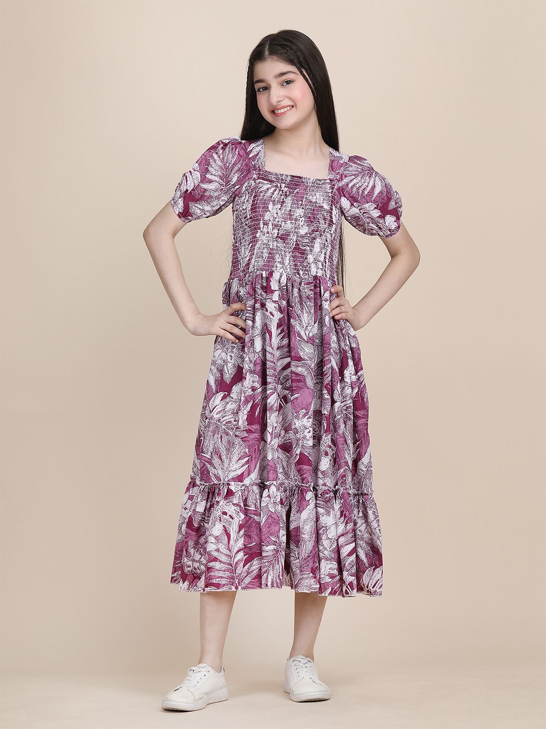 

DEKLOOK Girls Printed Tiered A-Line Dress, Purple