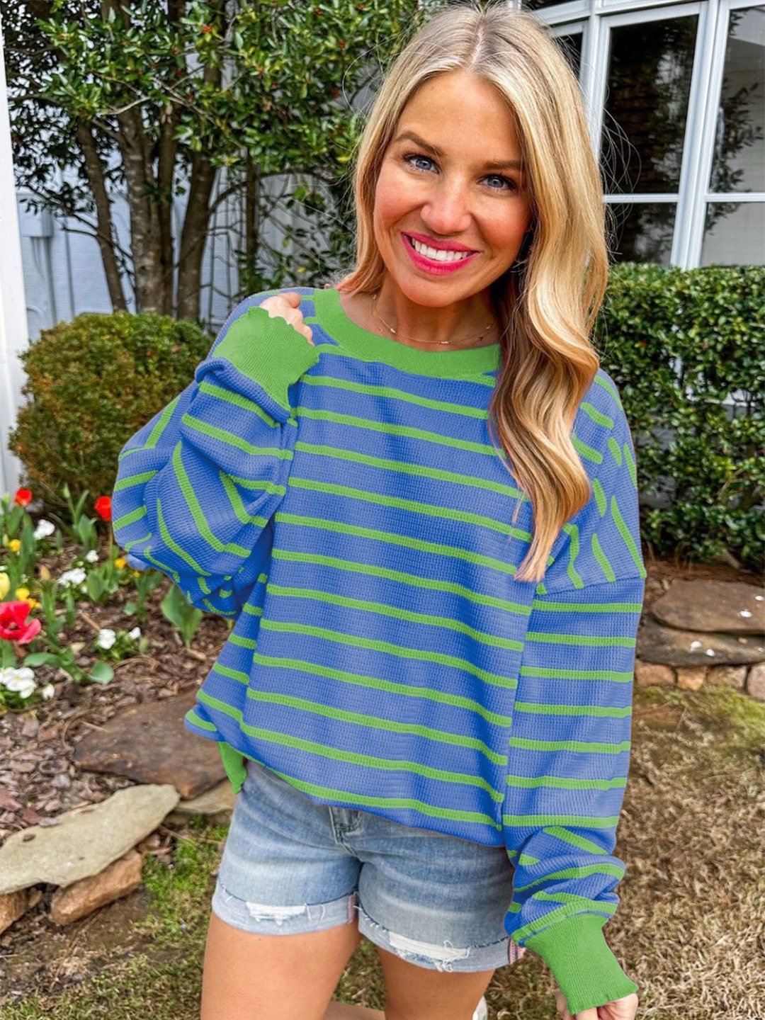 

StyleCast Women Striped Round Neck Long Sleeves Pullover Sweaters, Blue