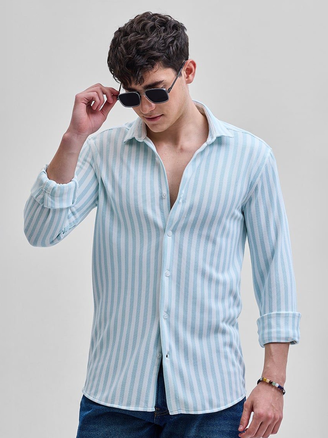 

Snitch Men Smart Slim Fit Opaque Striped Casual Shirt, Blue