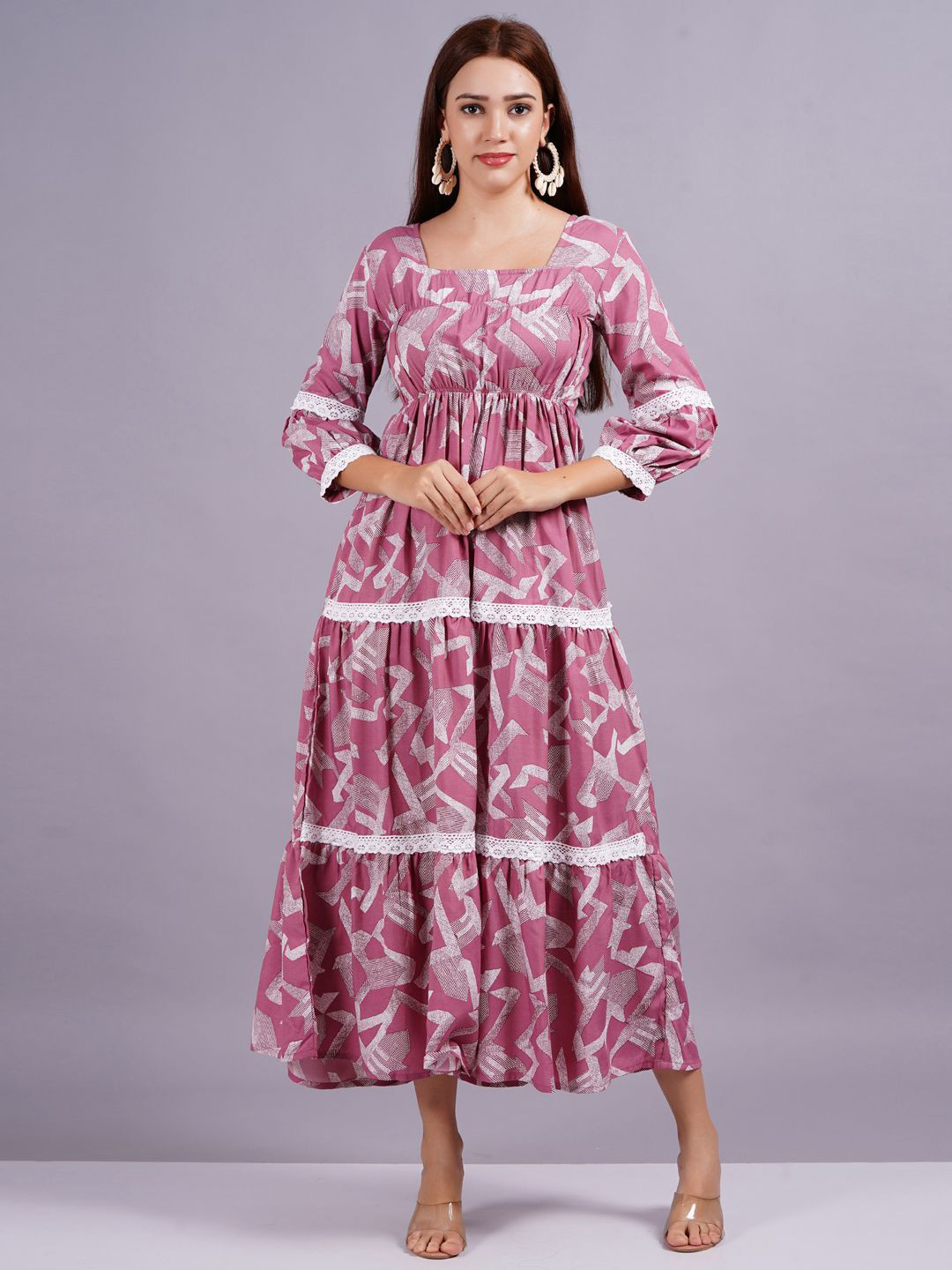 

HIGHLIGHT FASHION EXPORT Printed Fit & Flare Midi Dress, Pink