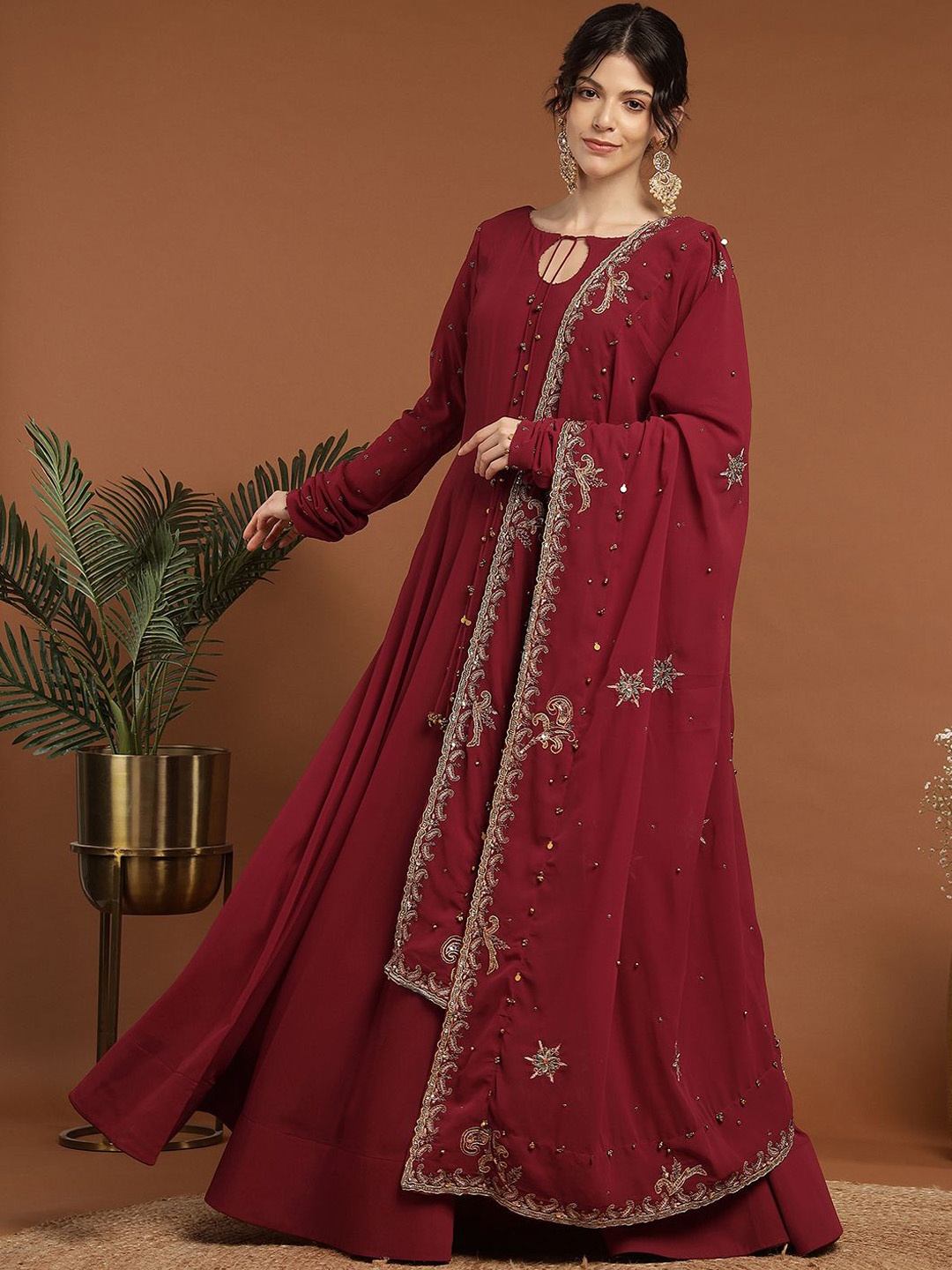 

RIRASA Embroidered Beads and Stones Kurta with Trouser & Dupatta, Maroon