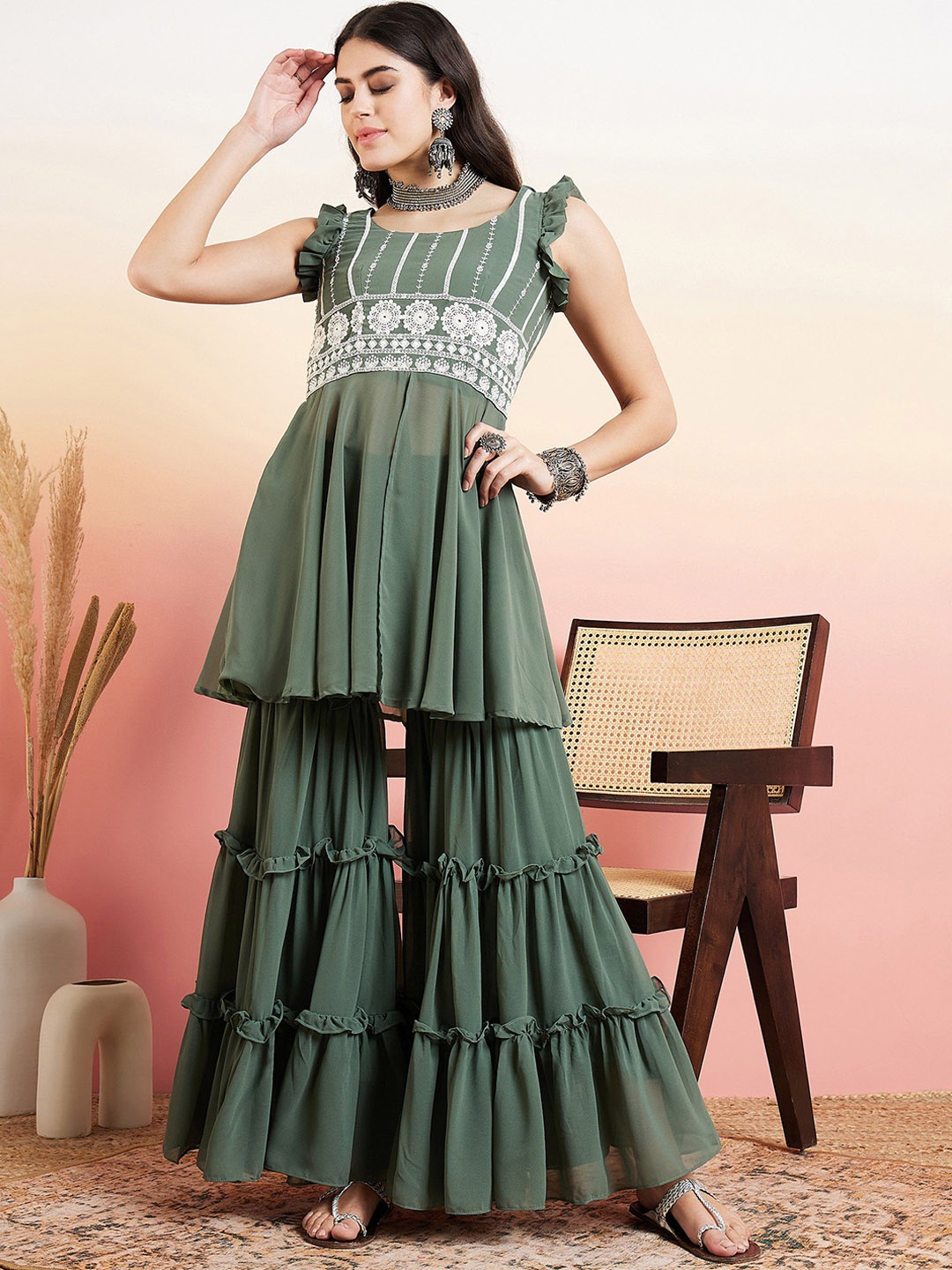 

MASSTANI BY INDDUS Floral Embroidered Thread Work A-Line Kurta With Sharara, Green