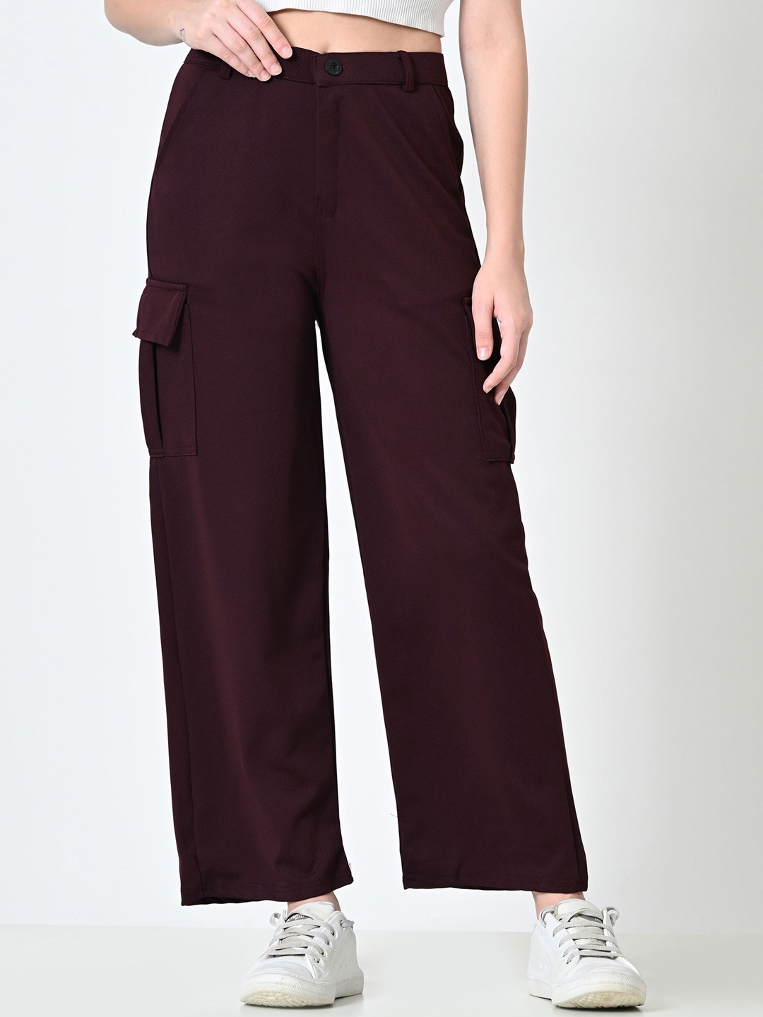 

ALIZA Women Relaxed Straight Leg Loose Fit Cargos Trousers, Burgundy