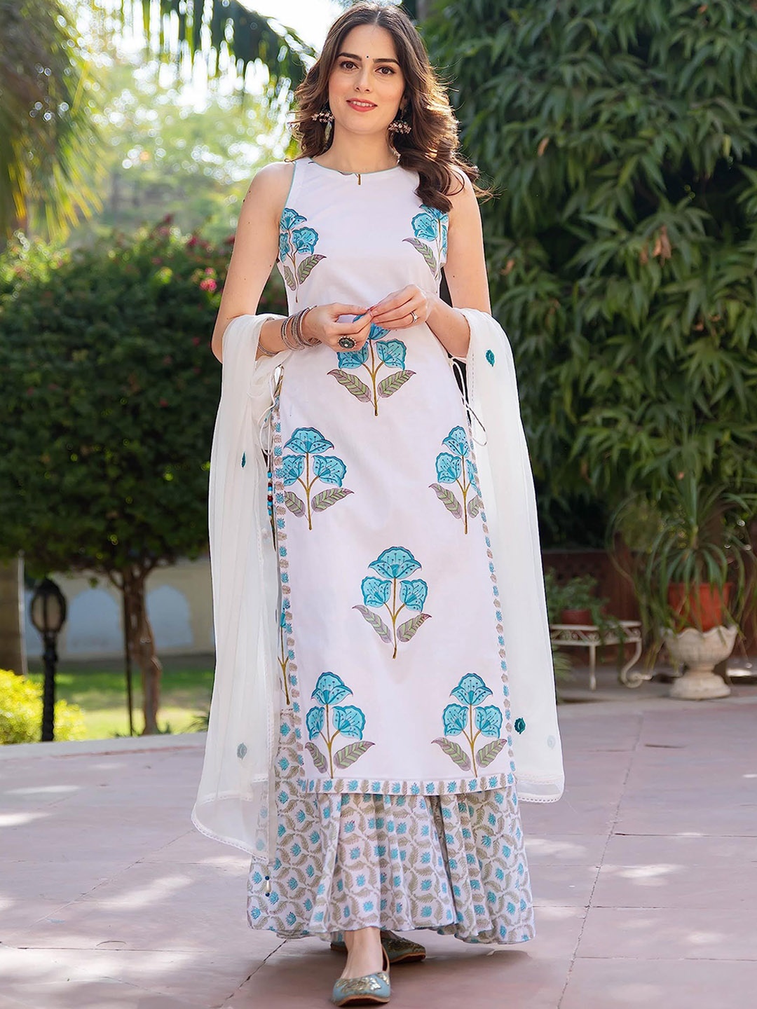 

Sidhidata Round Neck Floral Printed Straight Kurta with Sharara & Dupatta, White