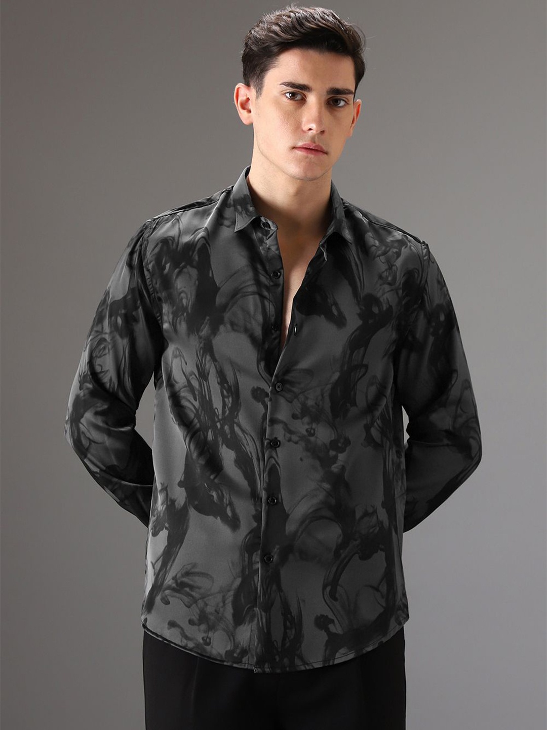 

Banana Club Men Classic Slim Fit Printed Casual Satin Shirt, Grey