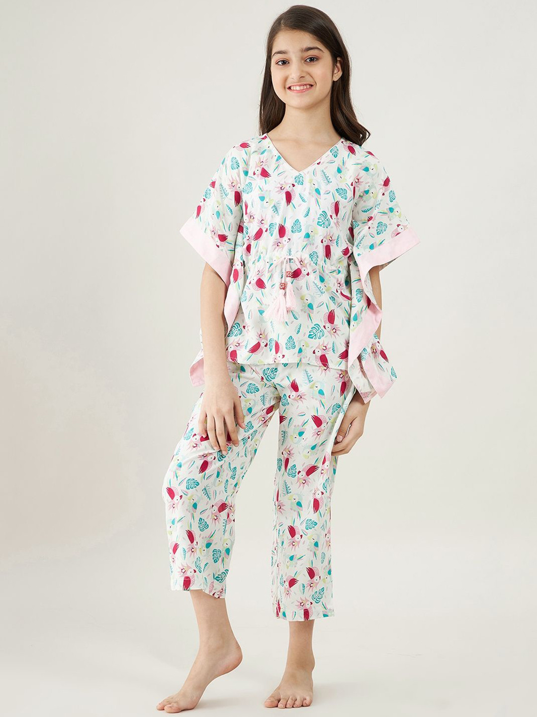 

The Kaftan Company Girls Round Neck Pure Cotton Printed Kaftan Night Suit, White