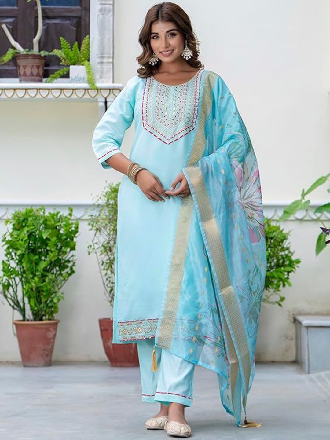 

VredeVogel Floral Embroidered Round Neck Regular Sequinned Kurta & Trouser & Dupatta, Blue