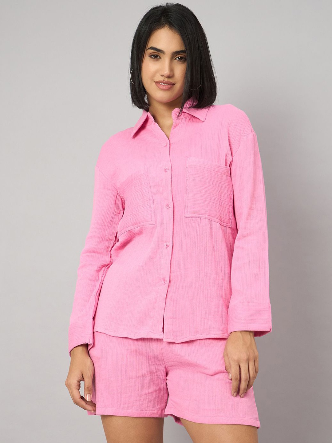 

Orchid Blues Self Design Pure Cotton Shirt With Shorts, Pink