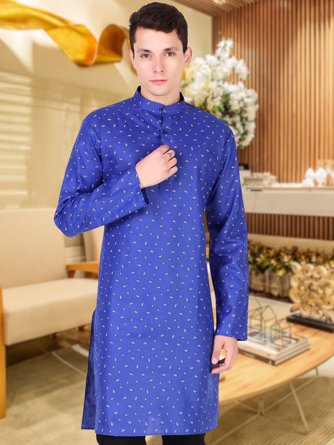 

SKAVIJ Mandarin Collar Cotton Straight Kurta, Blue