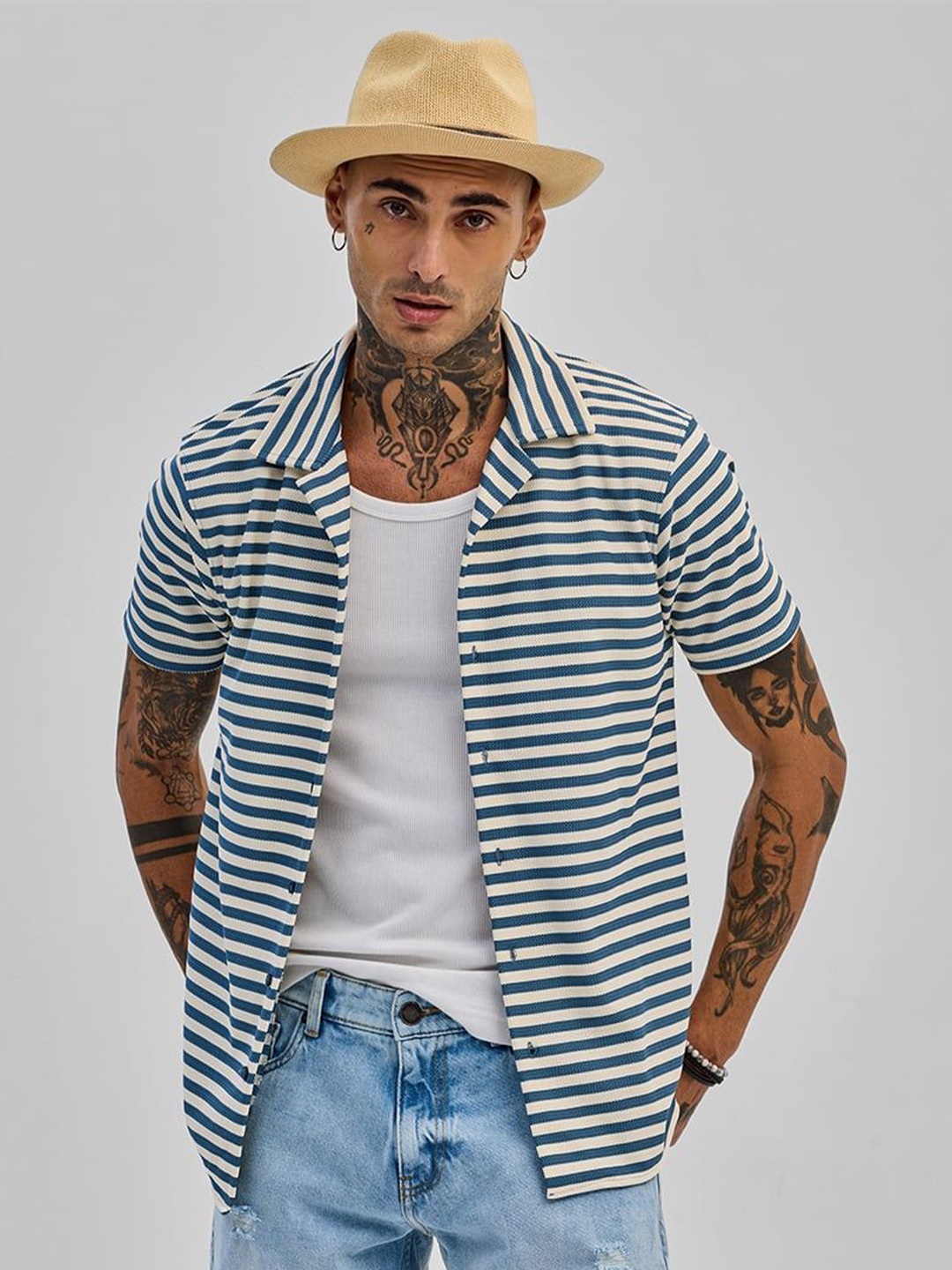 

Snitch Men Smart Slim Fit Horizontal Stripes Casual Shirt, Blue