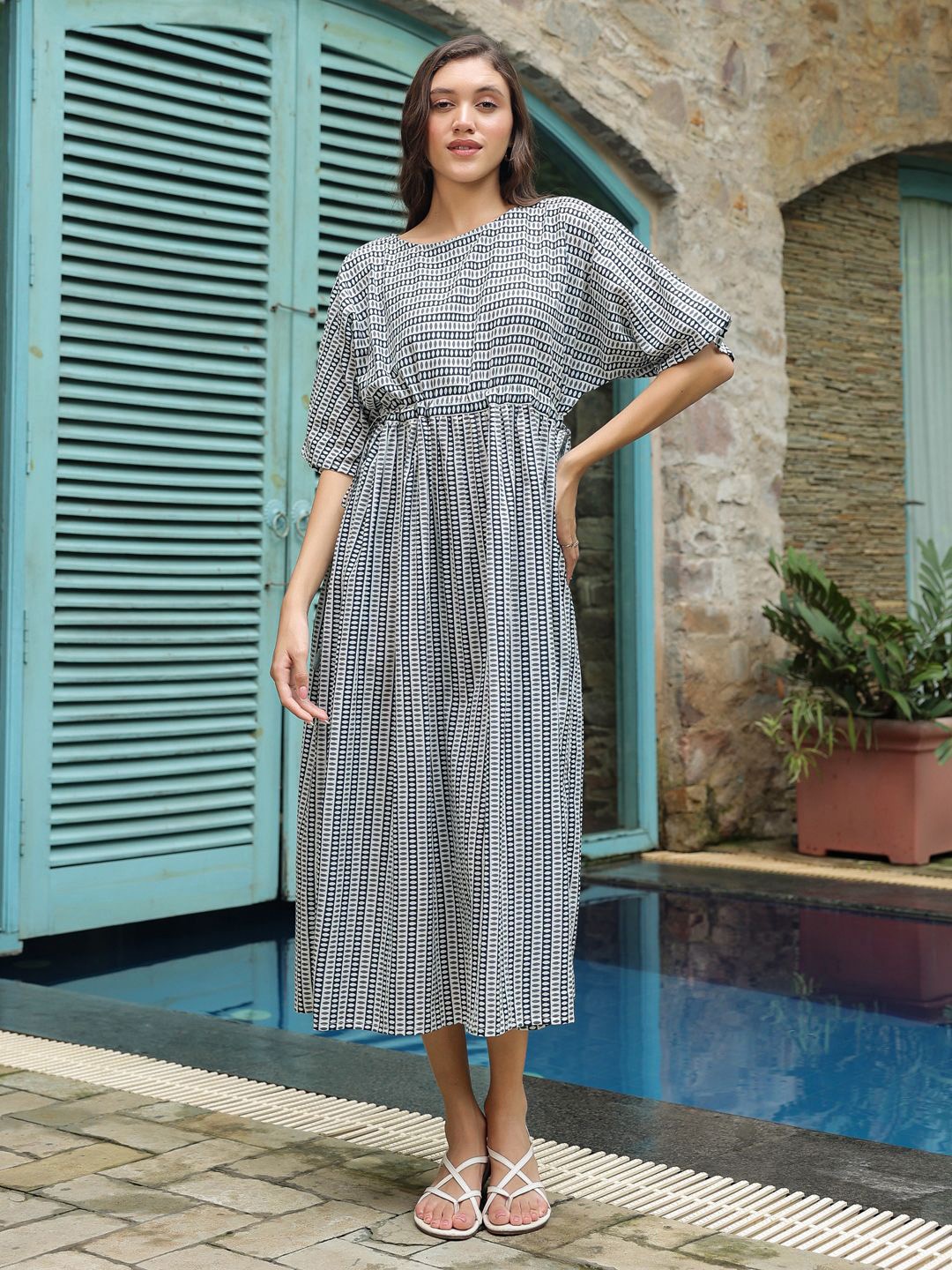 

SANSKRUTIHOMES Women Printed Cotton Fit & Flare Midi Dress, Grey
