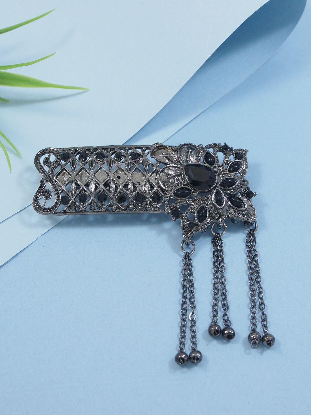 

I Jewels Silver-Plated Oxidised Kundan Safa Kalangi Brooch