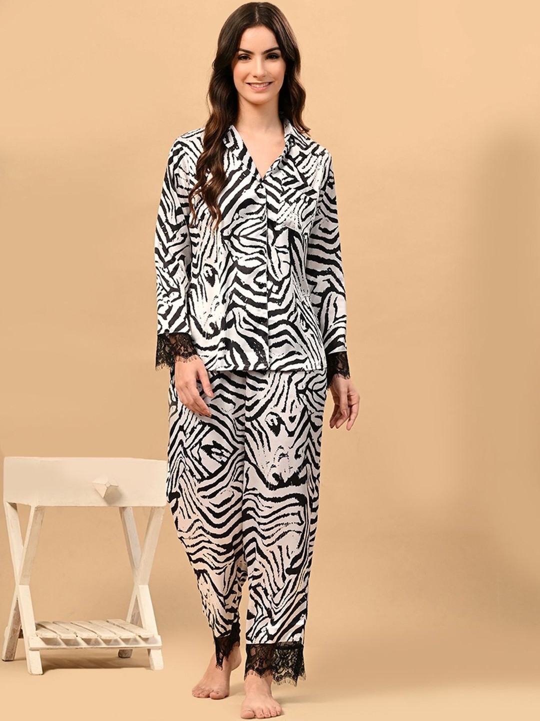 

PRETTY LOVING THING Women Animal Printed Shirt Collar Long Sleeves Night suit, Black