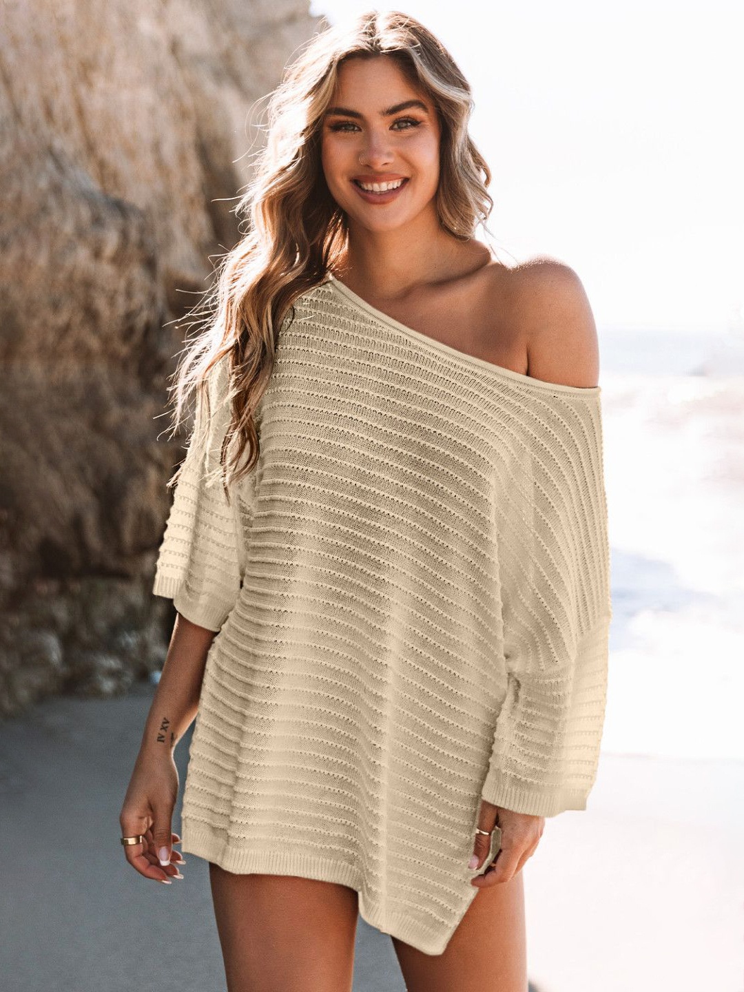 

StyleCast Women Acrylic Striped Round Neck Extended Sleeves Semi Sheer Top, Olive
