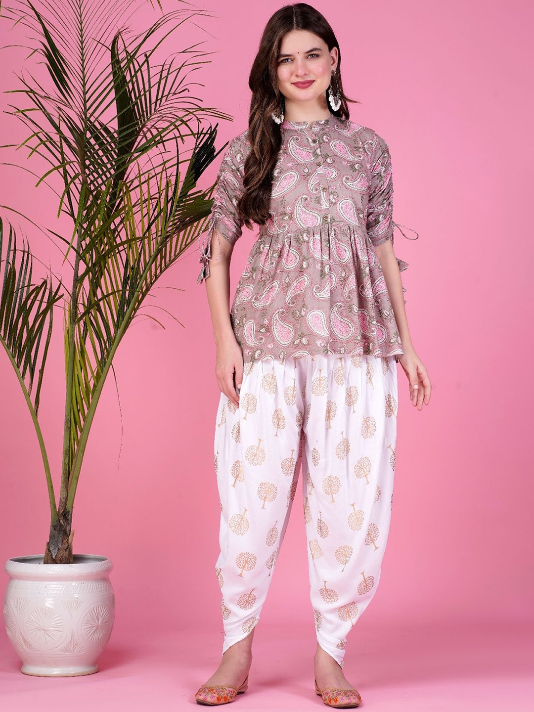 

Royal Marque Paisley Printed Mandarin Collar A-Line Kurti With Dhoti Pant, Brown