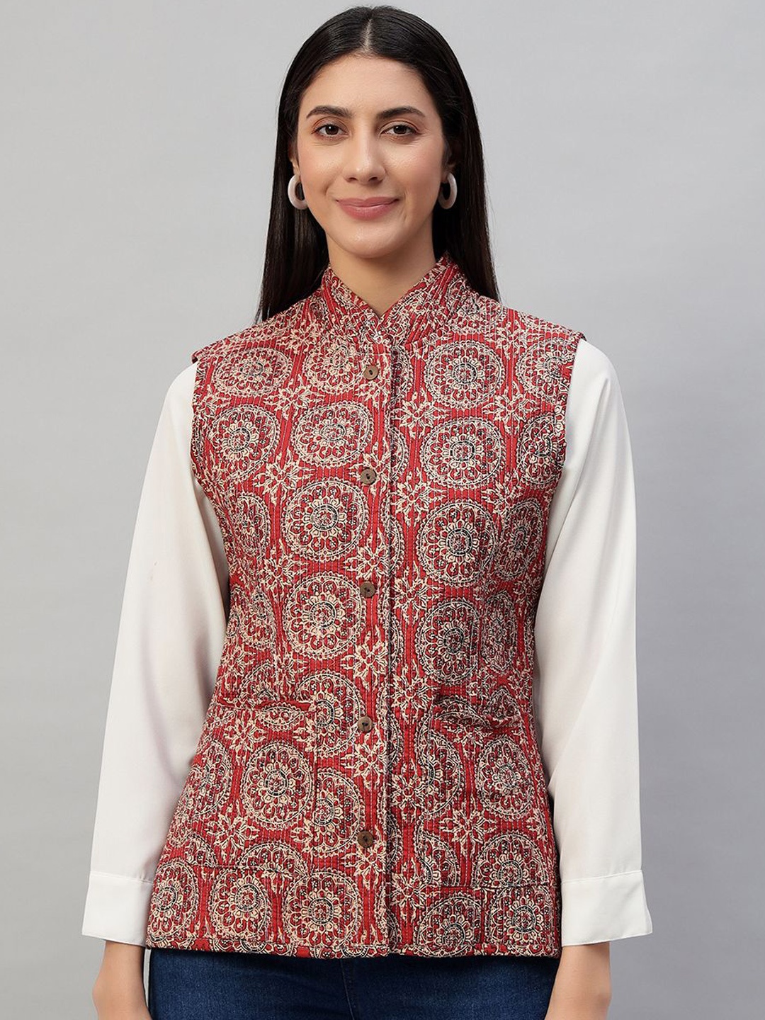 

HANDICRAFT PALACE Women Printed Reversible Quilted Jacket, Red