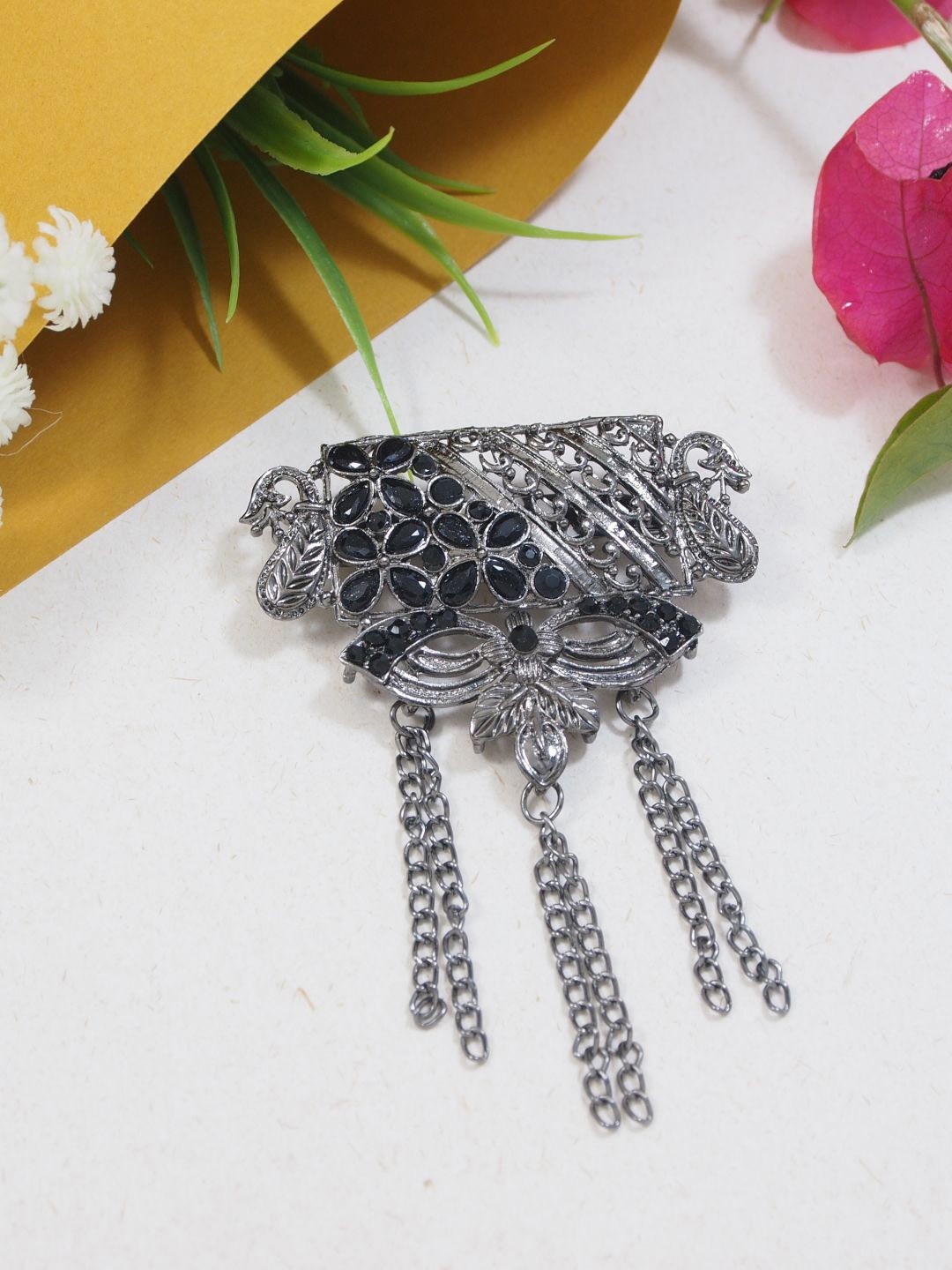 

I Jewels Silver-Plated Oxidised Kundan Safa Kalangi Brooch