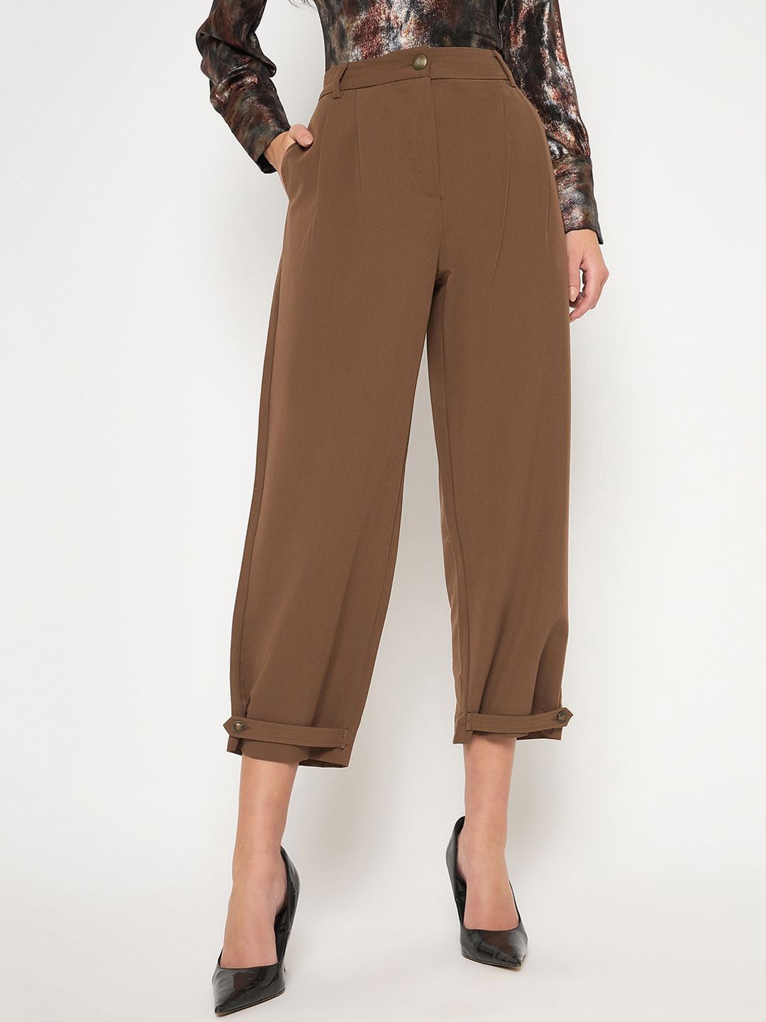 

Madame Women Mid-Rise Pleated Culottes Trousers, Tan