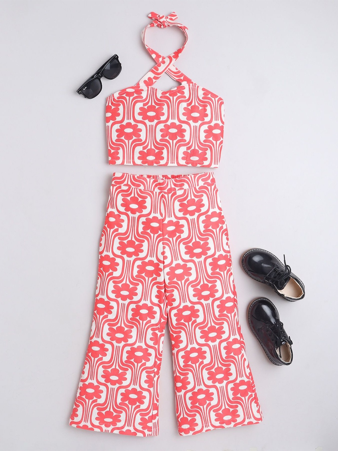 

taffykids Girls Floral Printed Crop Top with Trousers, Coral