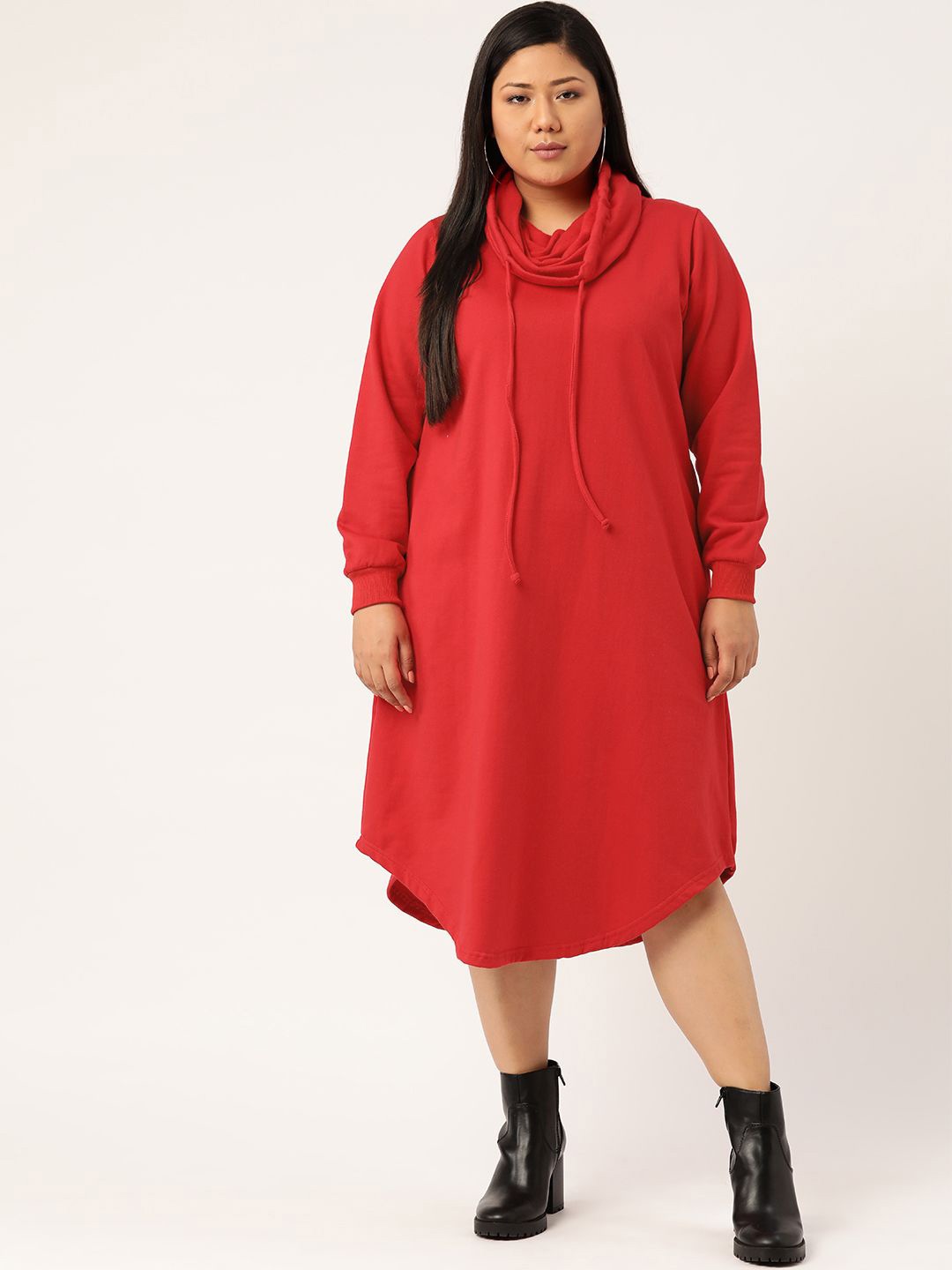 

theRebelinme Women Cotton Plus Size Cowl Neck A-Line Midi Dress, Red