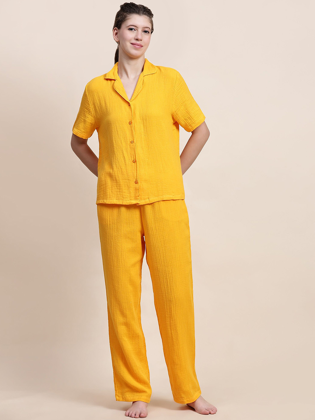 

BStories Women Self Design Pure Cotton Lapel Collar Short Sleeves Night Suit, Yellow