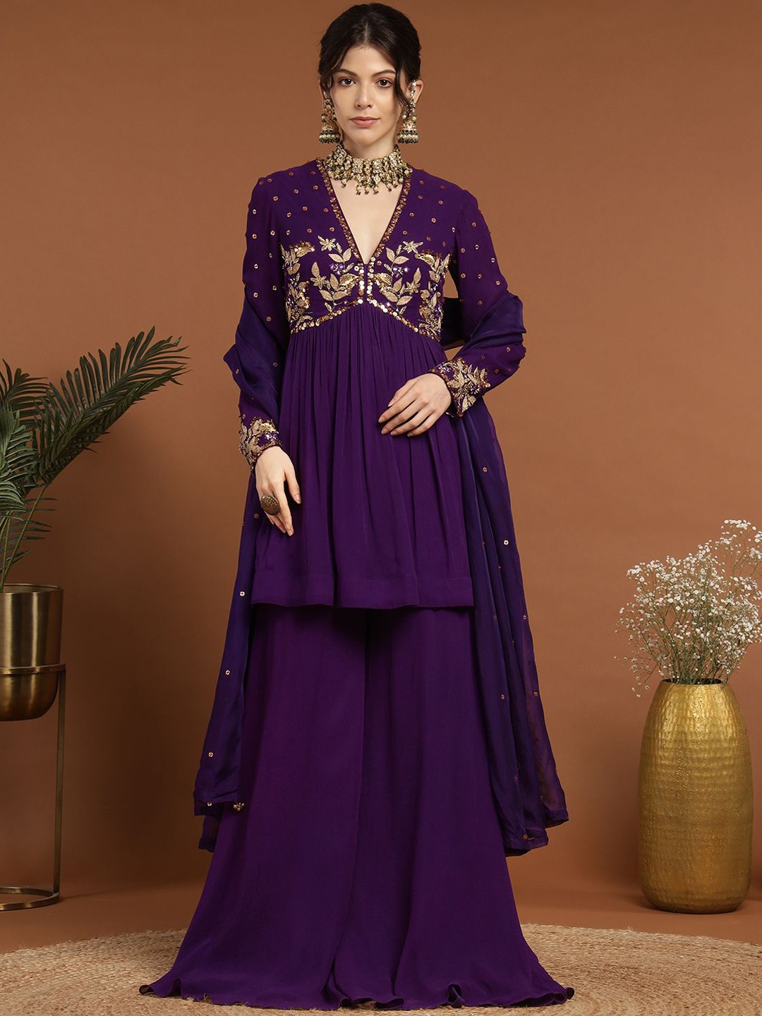 

RIRASA Floral Embroidered Angrakha Sequinned Kurta with Sharara & Dupatta, Purple