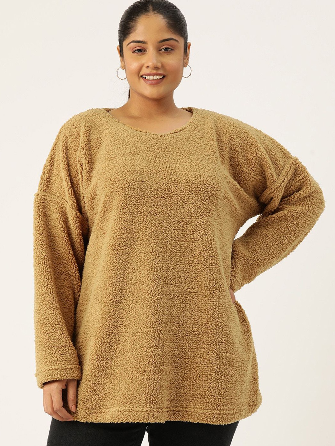 

theRebelinme Women Plus Size Round Neck Long Sleeves Top, Camel brown