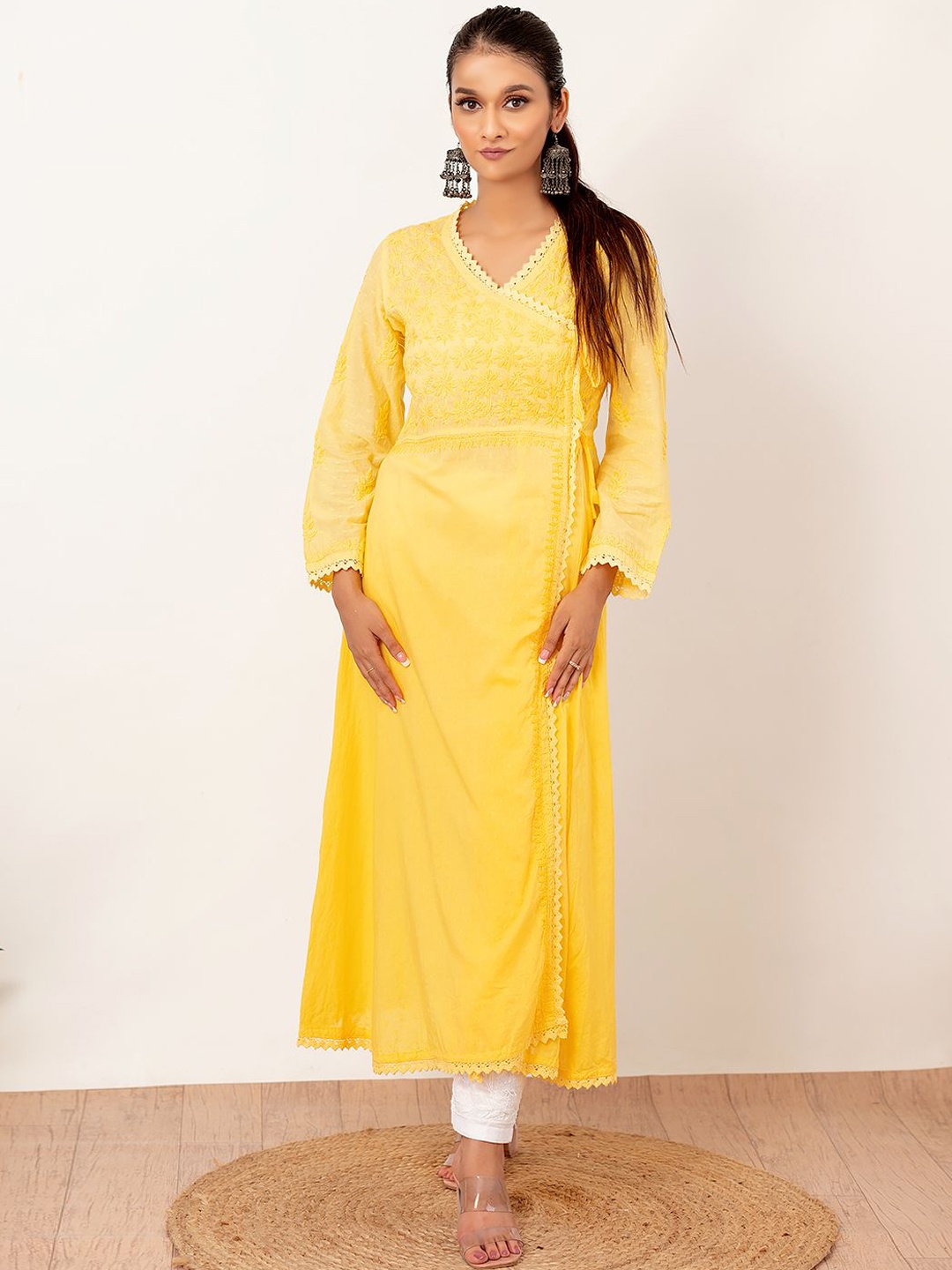 

The Chikan Label Floral Embroidered Chikankari Angrakha Cotton A-Line Kurta, Yellow
