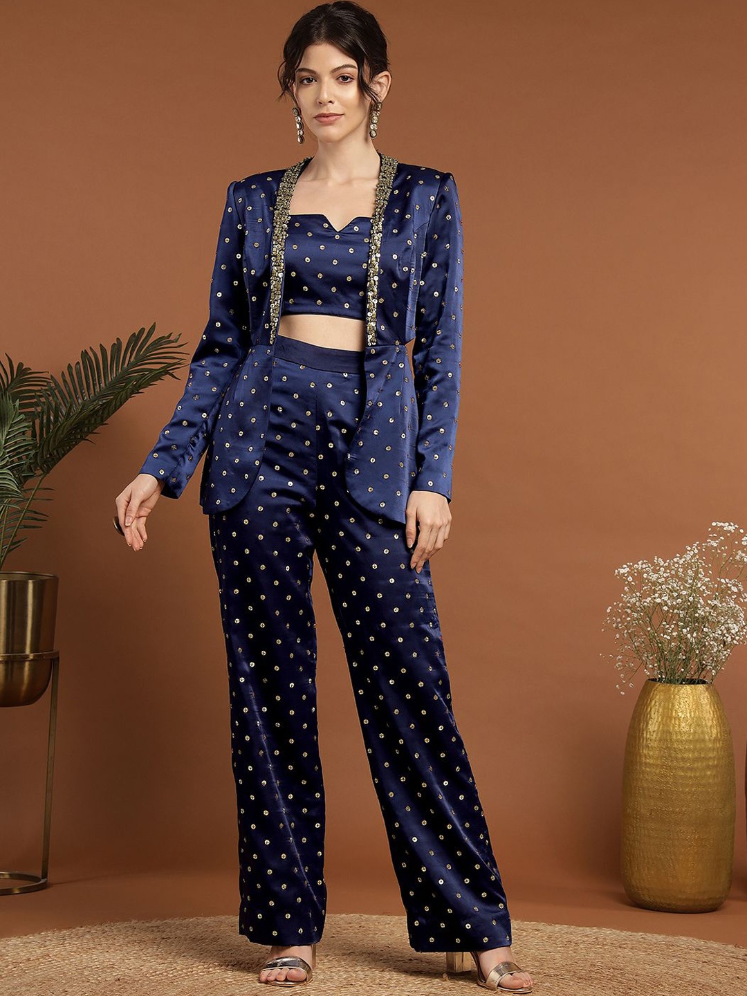 

RIRASA Embroidered Top and Jacket With Trousers, Blue