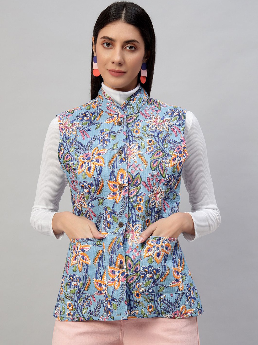 

HANDICRAFT PALACE Women Floral Reversible Longline Quilted Jacket, Blue