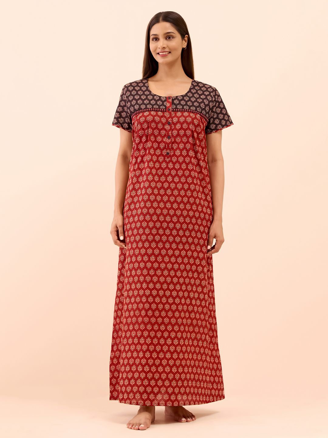 

Maybell Women Everyday Floral Printed Cotton Regular Maxi Nightdress, Red