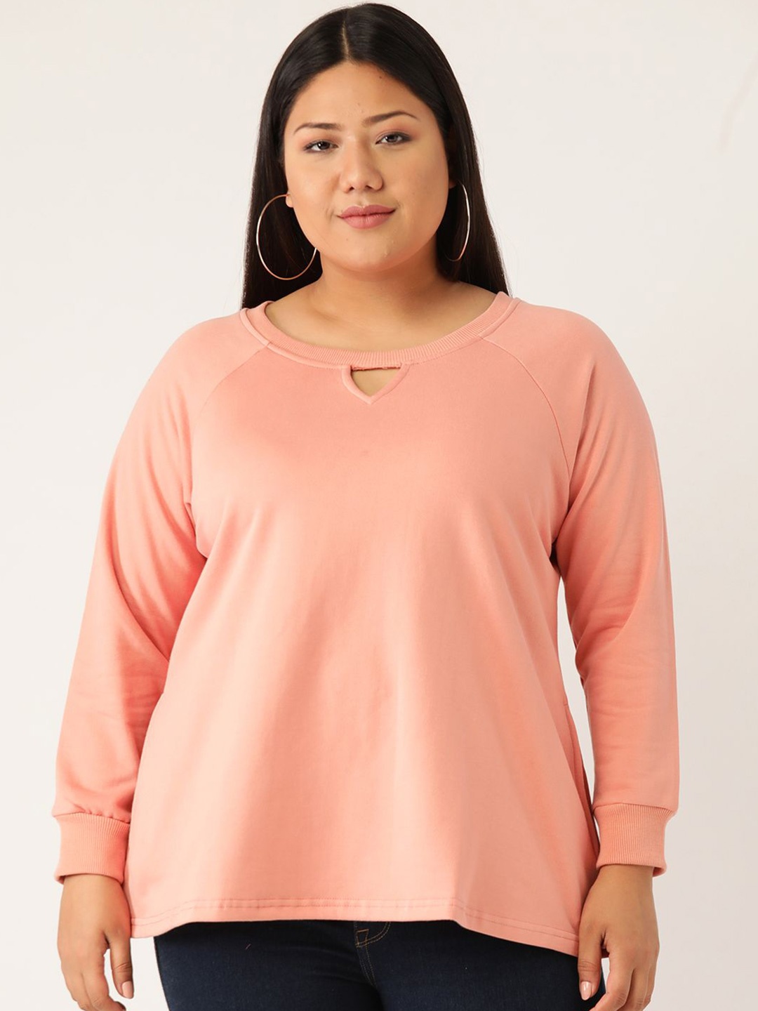 

theRebelinme Women Plus Size Cotton Solid Round Neck Sweatshirt, Pink