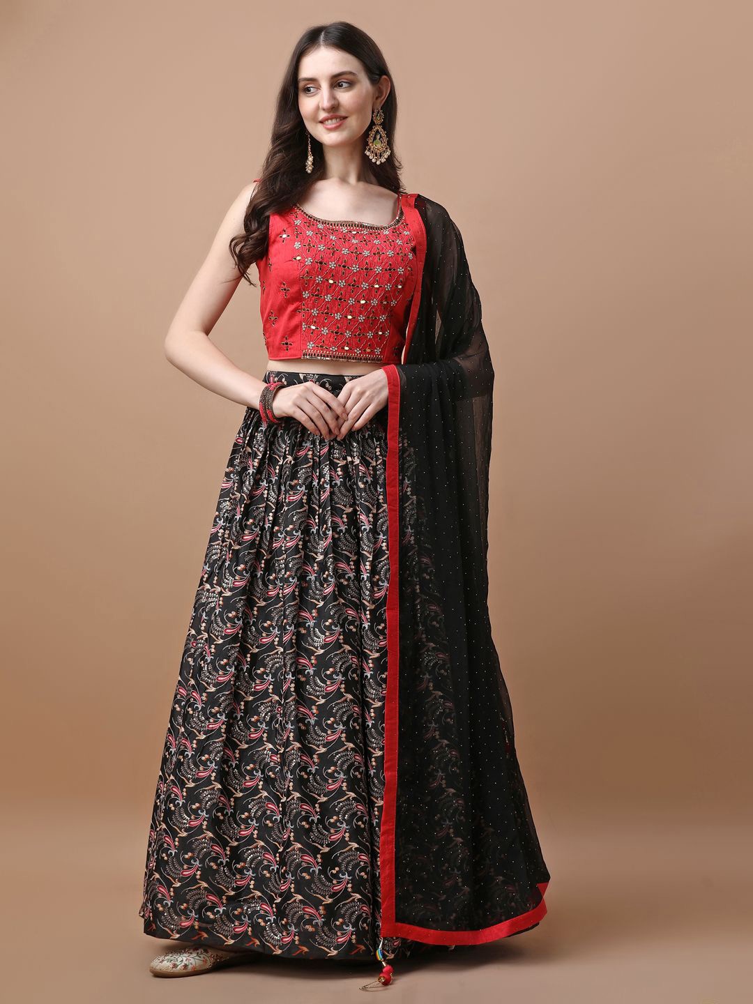 

VANAKARA Embroidered Thread Work Ready To Wear Lehenga & Blouse With Dupatta, Red
