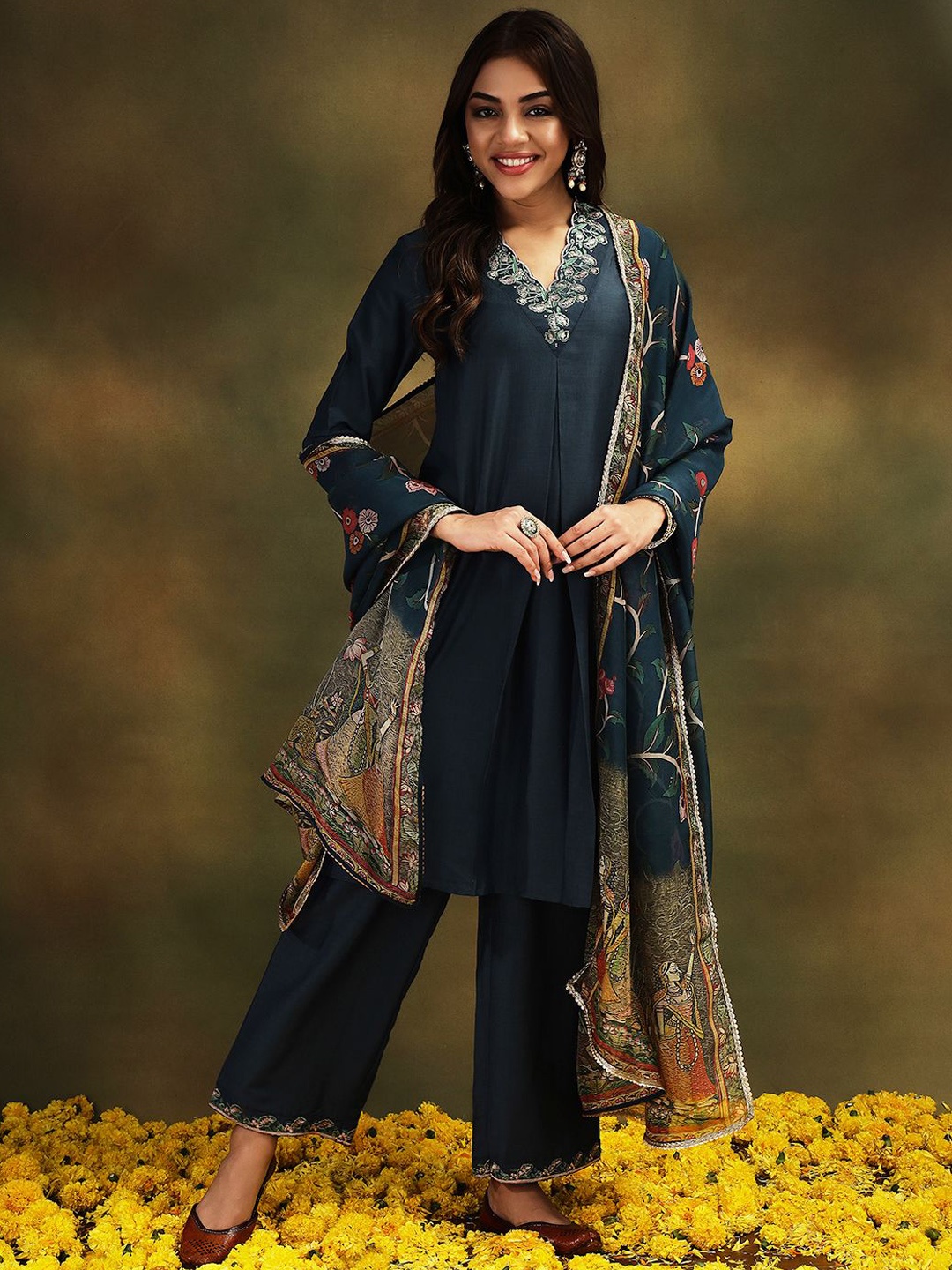 

Stylefables Floral Yoke Design Thread Work Pure Cotton A-Line Kurta with Trouser & Dupatta, Blue