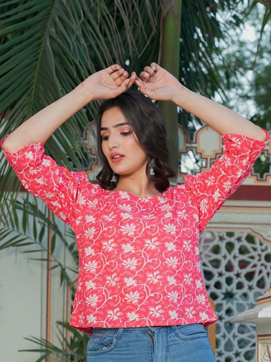 

IKRASS Women Cotton Printed Square Neck Top, Pink