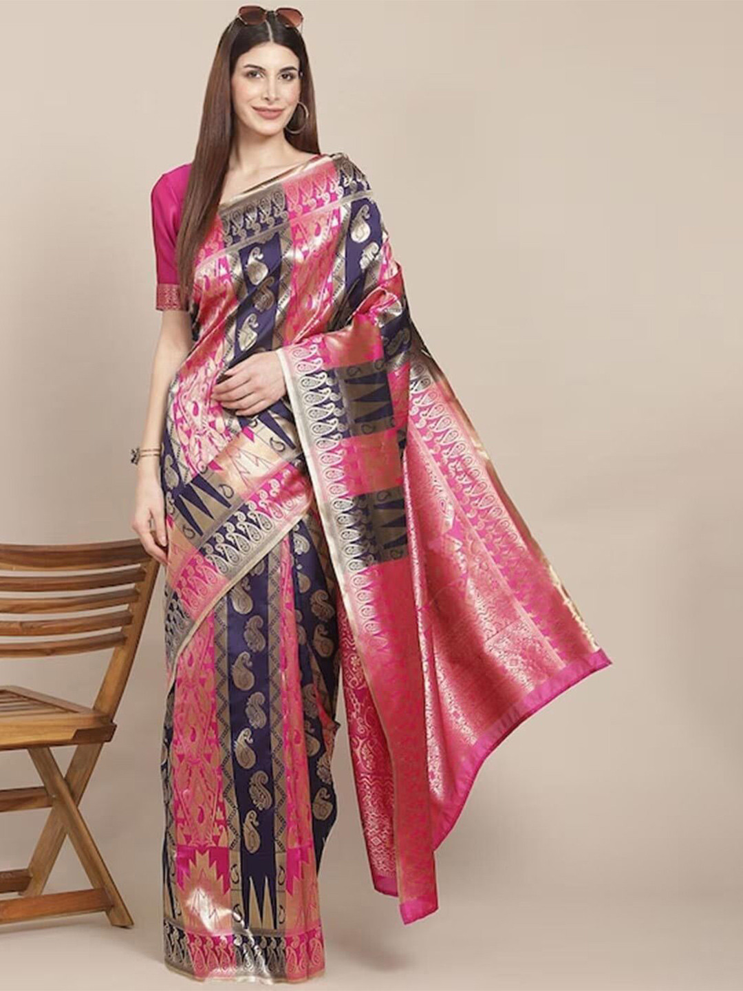 

KALINI Woven Design Zari Pure Silk Traditional Banarasi Saree, Pink