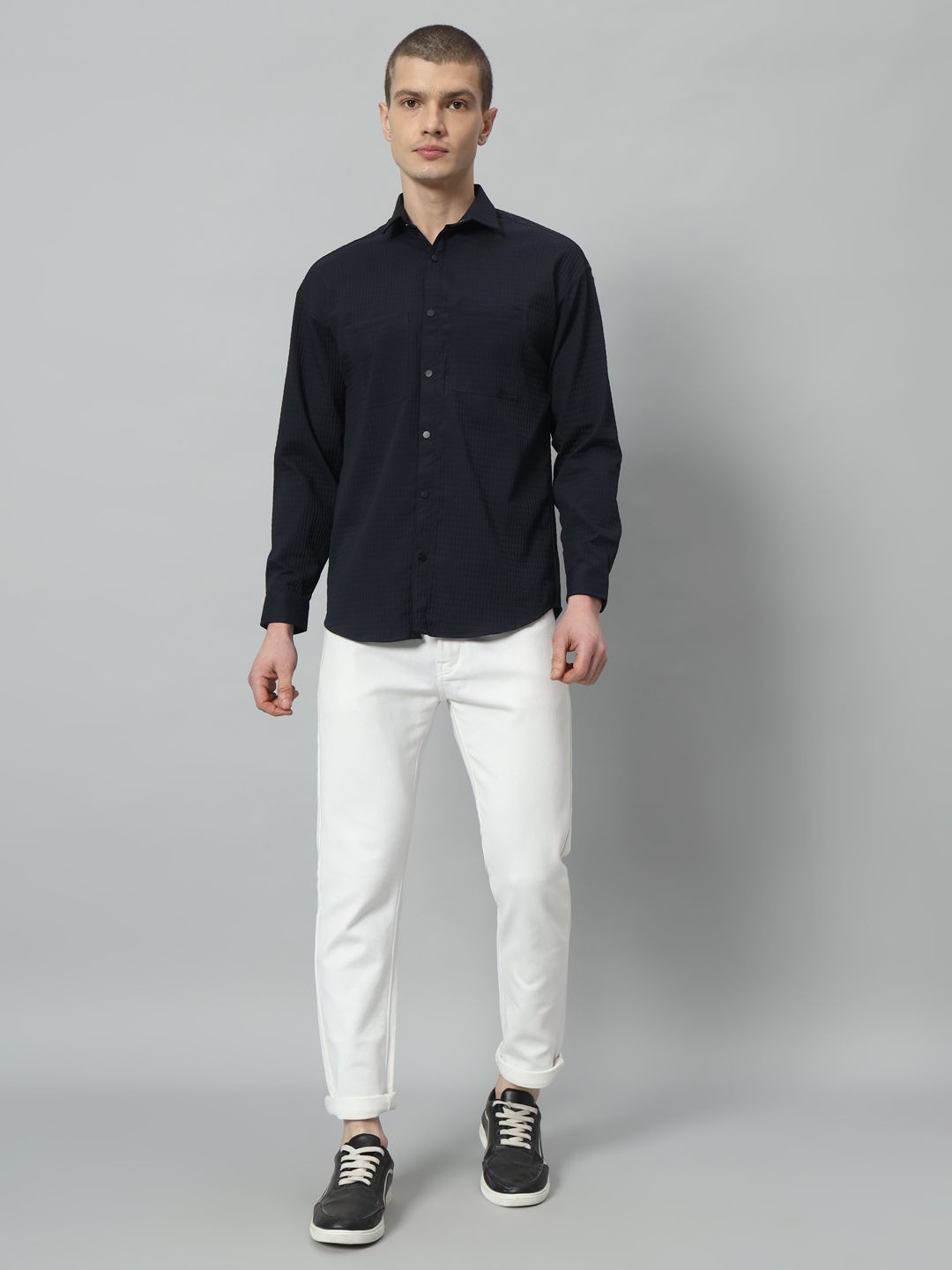 

ROCK AND ROLL Men Textured Casual Shirt, Navy blue