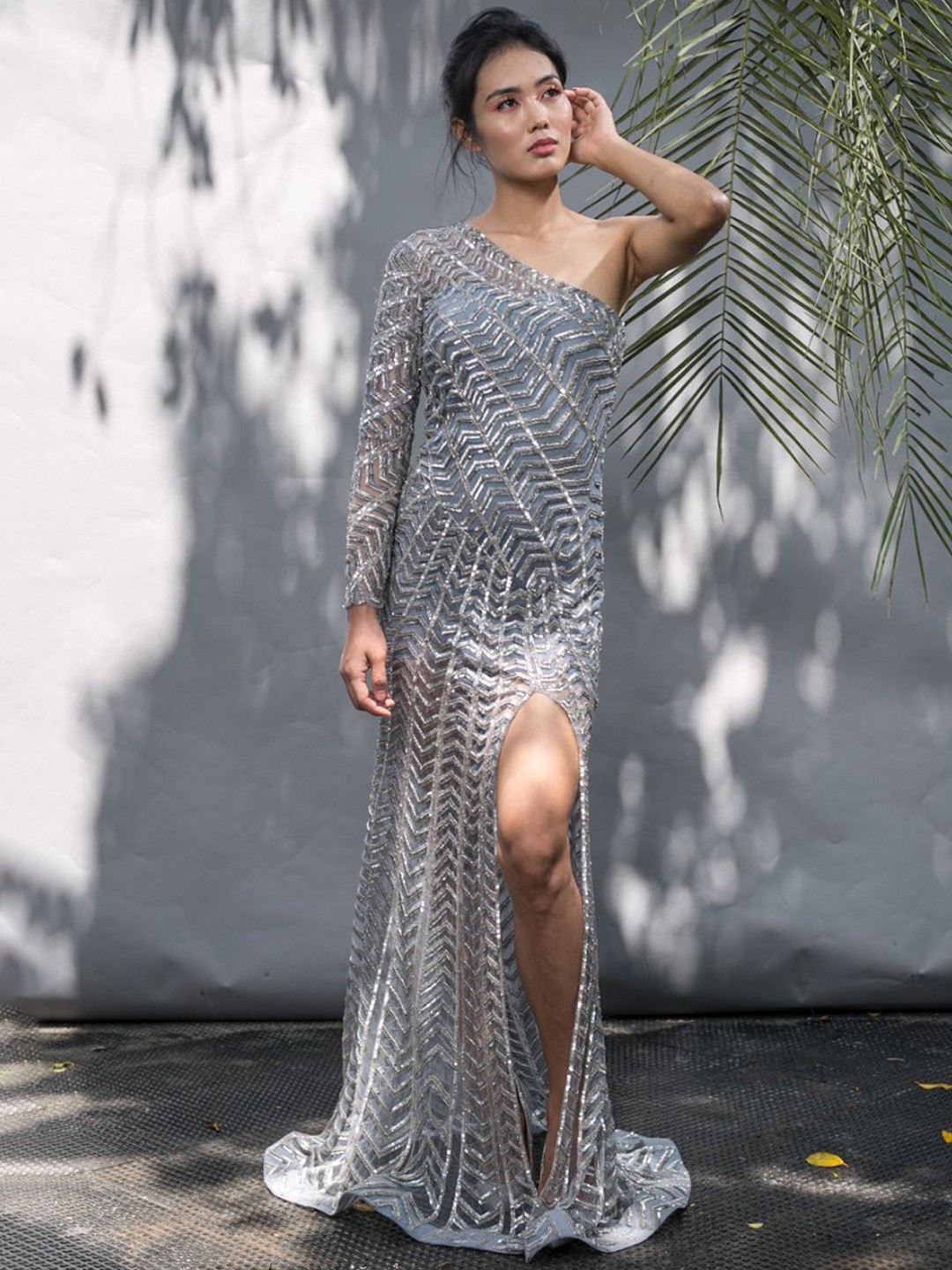 

Nikhita Mynah Designs Women Print One Shoulder Long Sleeves Net Sheath Dress, Silver