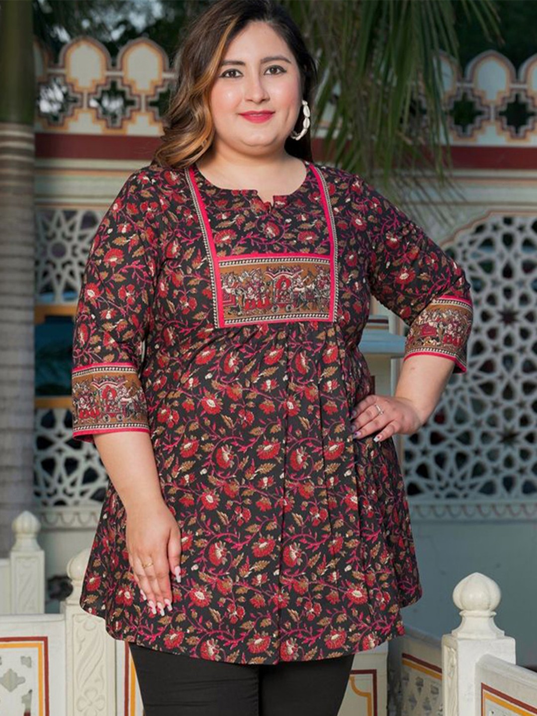

IKRASS Women Floral Printed V-Neck Pure Cotton Daily Kurti, Black