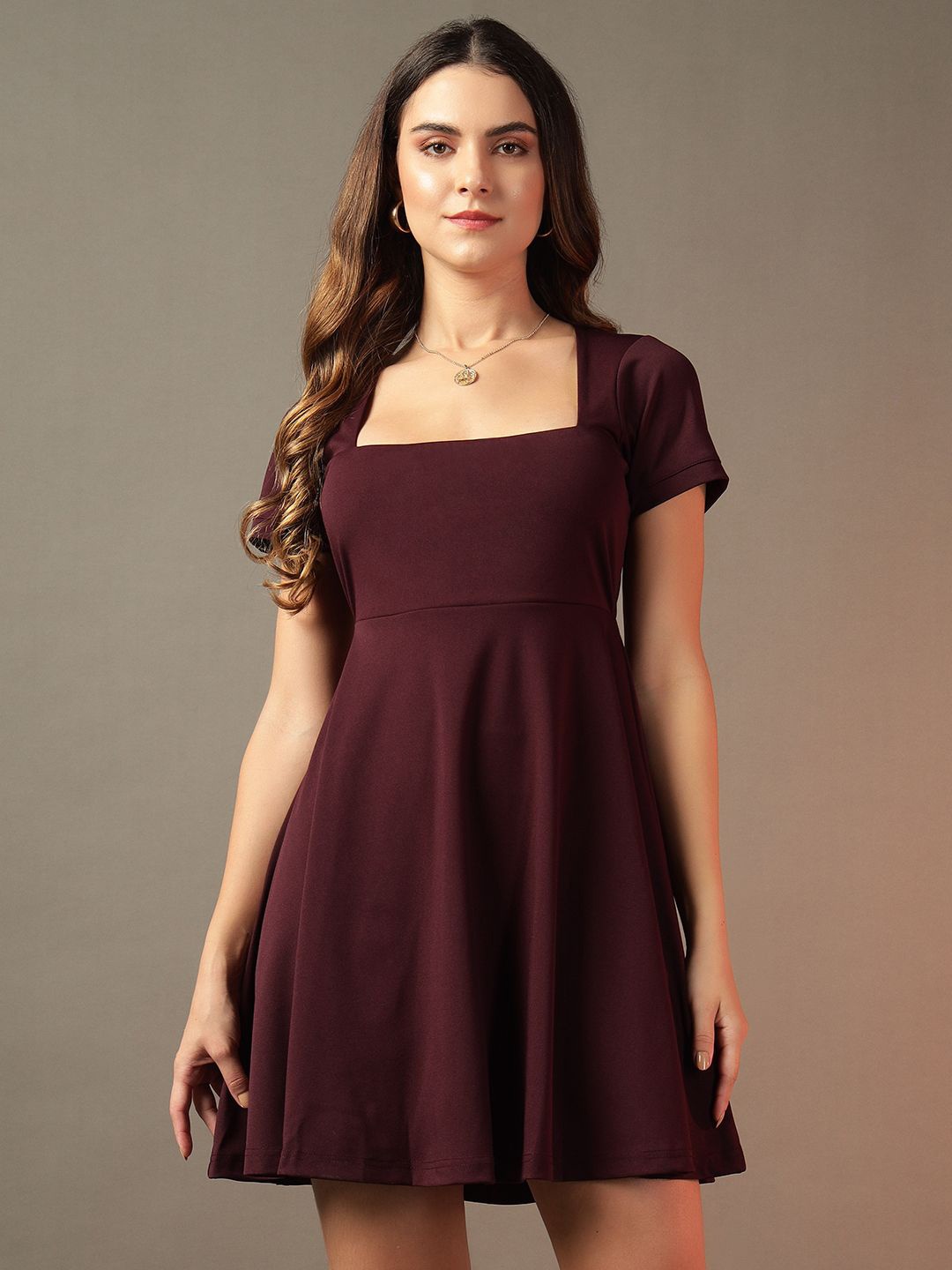 

Trend Arrest Women Square Neck Fit & Flare Mini Dress, Burgundy
