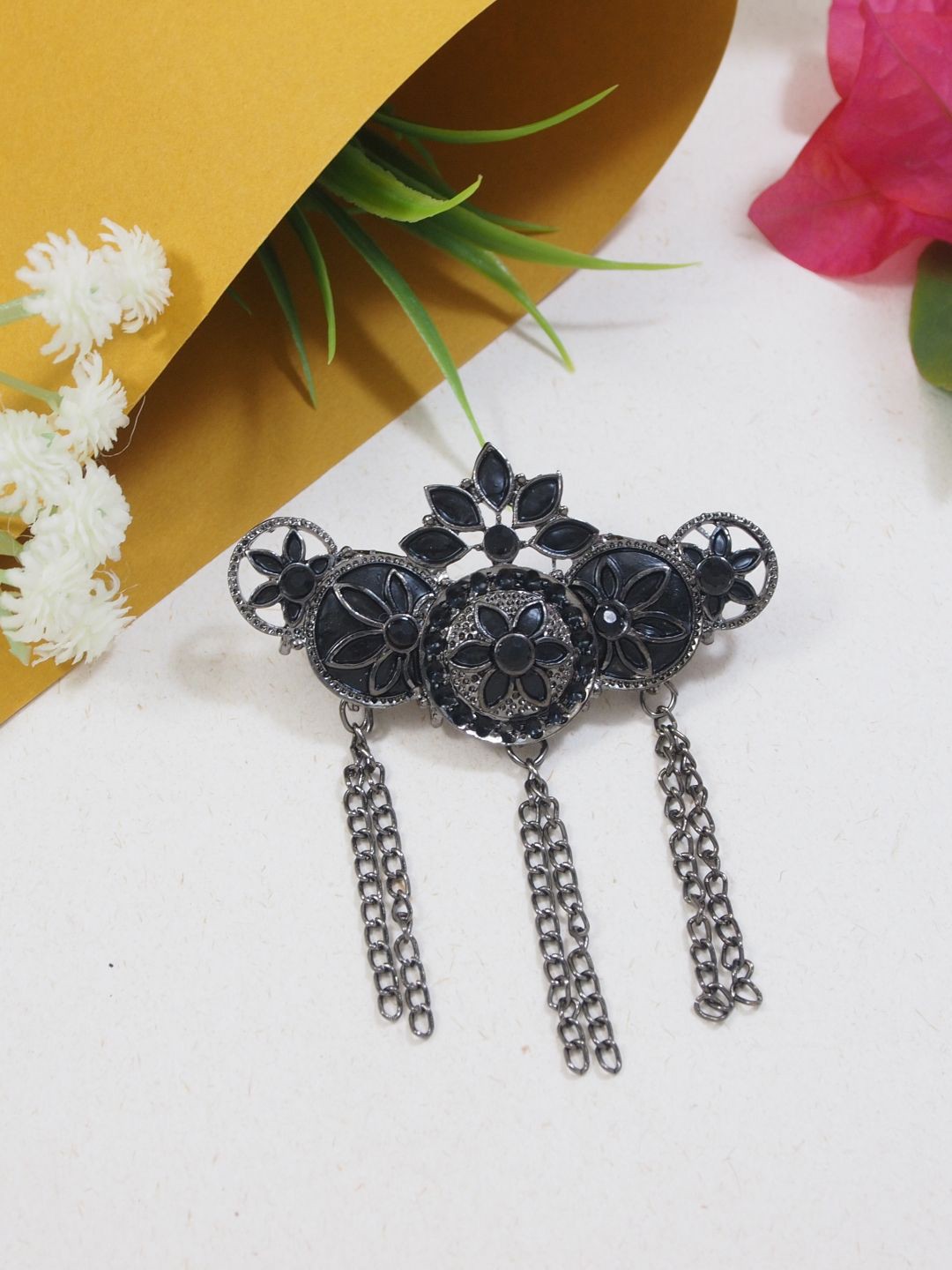 

I Jewels Silver-Plated Oxidised Kundan Studded Safa Kalangi Brooch