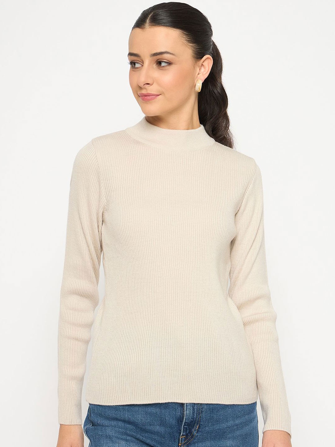 

Madame Women Round Neck Long Sleeves Casual Pullover, Beige