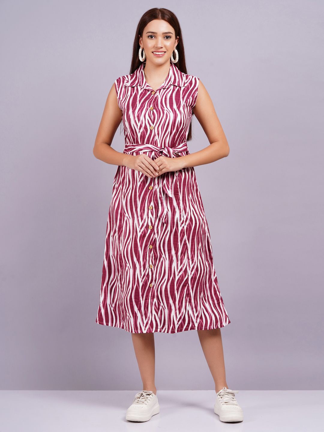 

HIGHLIGHT FASHION EXPORT Women Shirt Collar Printed Fit & Flare Midi Dress, Red
