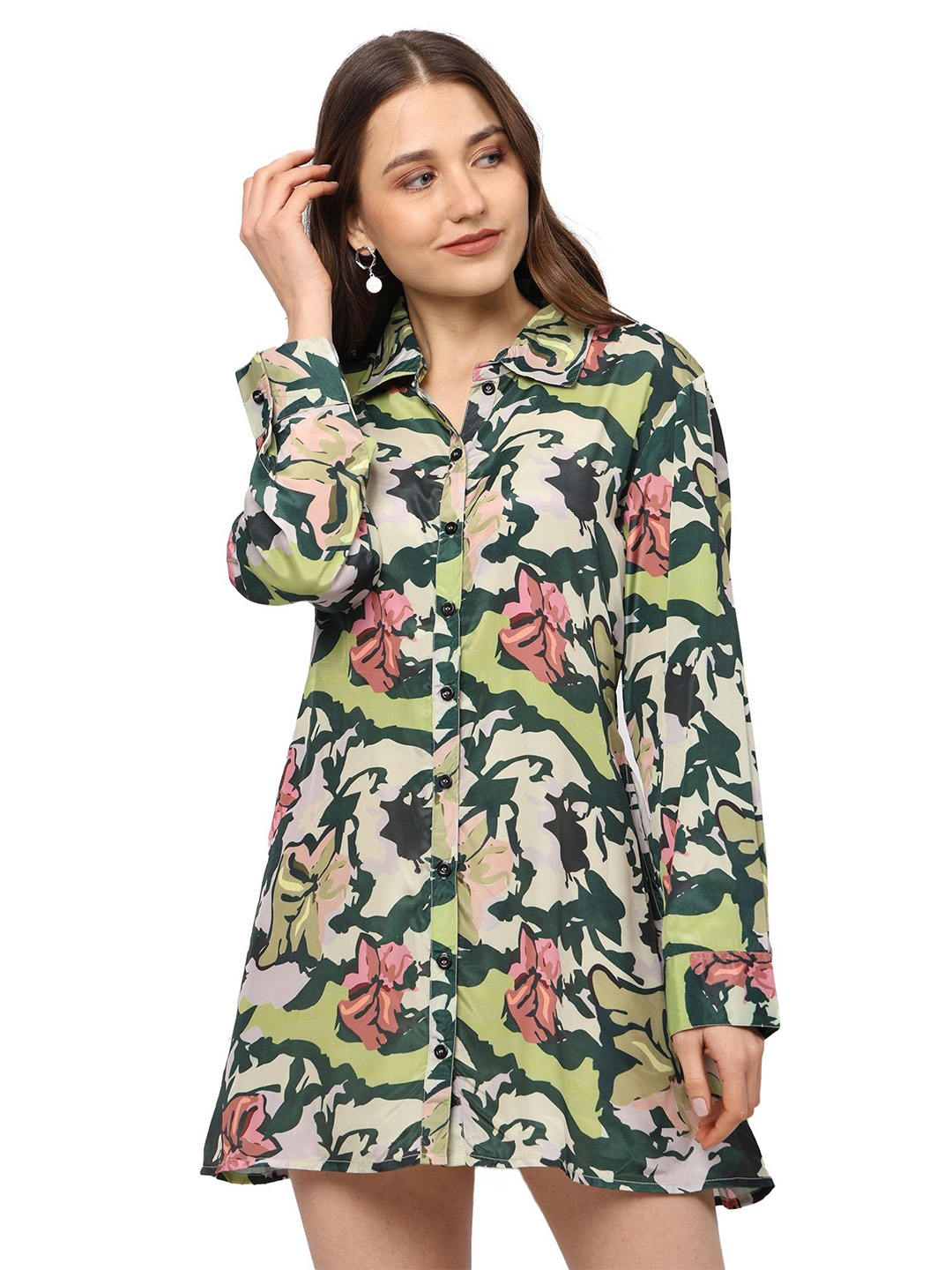 

IKRASS Women Floral Printed Shirt Mini Dress, Green