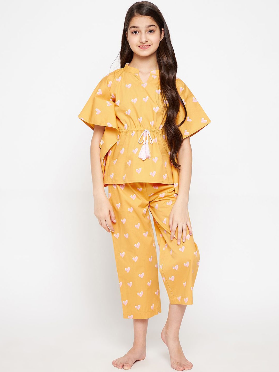 

The Kaftan Company Girls Printed Pure Cotton Night suit, Yellow