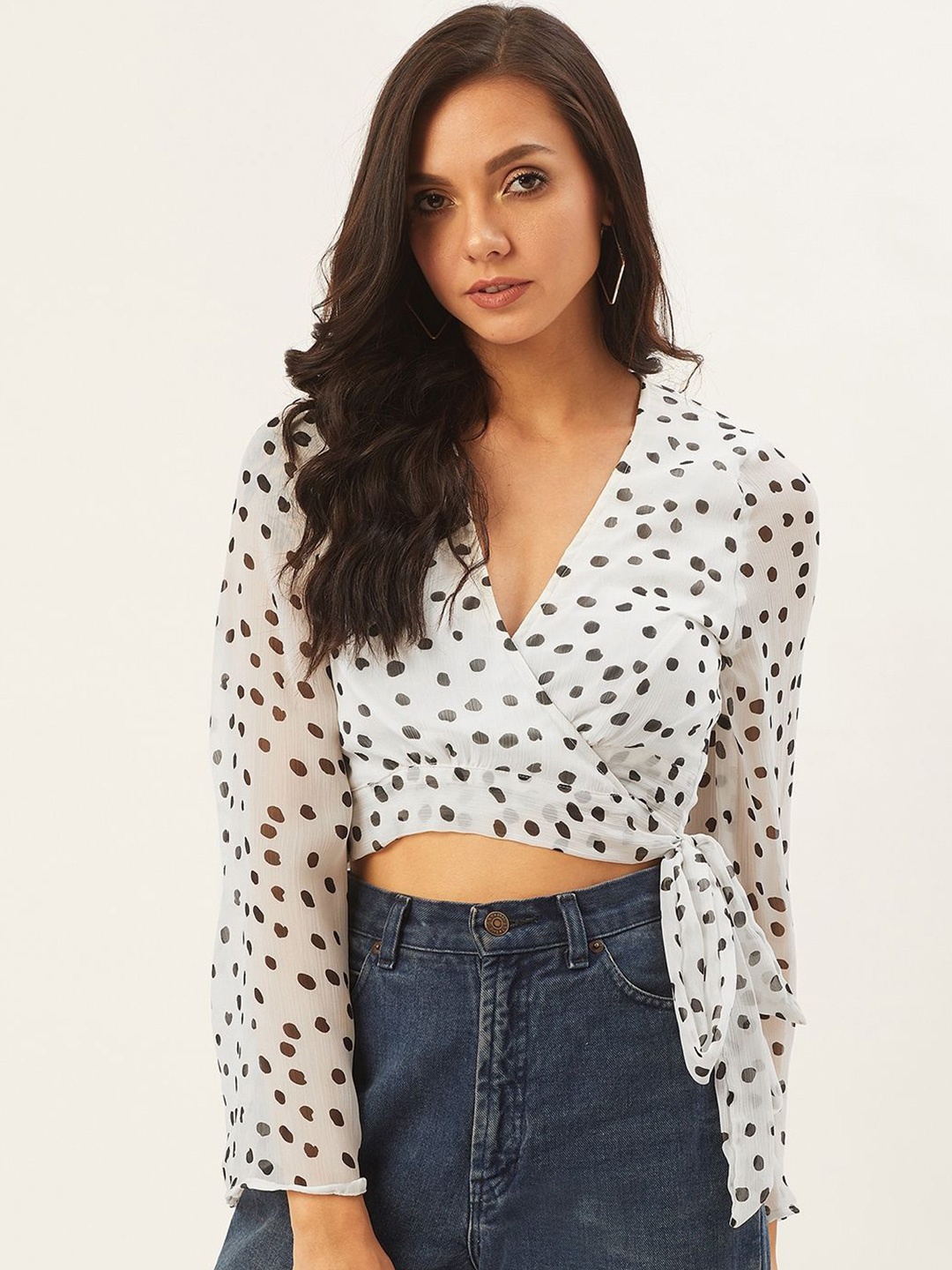 

ANVI Be Yourself Polka Dot Printed Wrap Crop Top, White