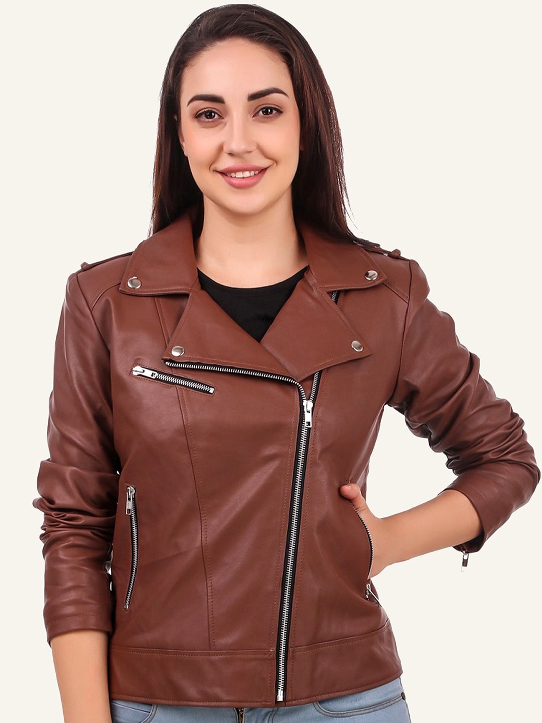 

Leather Retail Women Faux Leather Biker Jacket, Brown