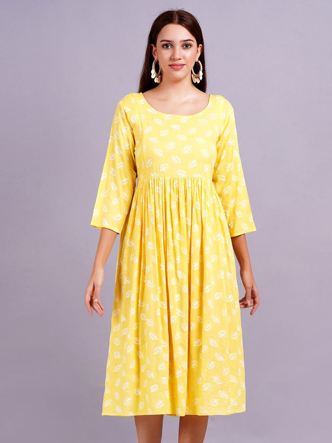 

KALINI Women Floral Printed Round Neck Fit & Flare Dress, Yellow